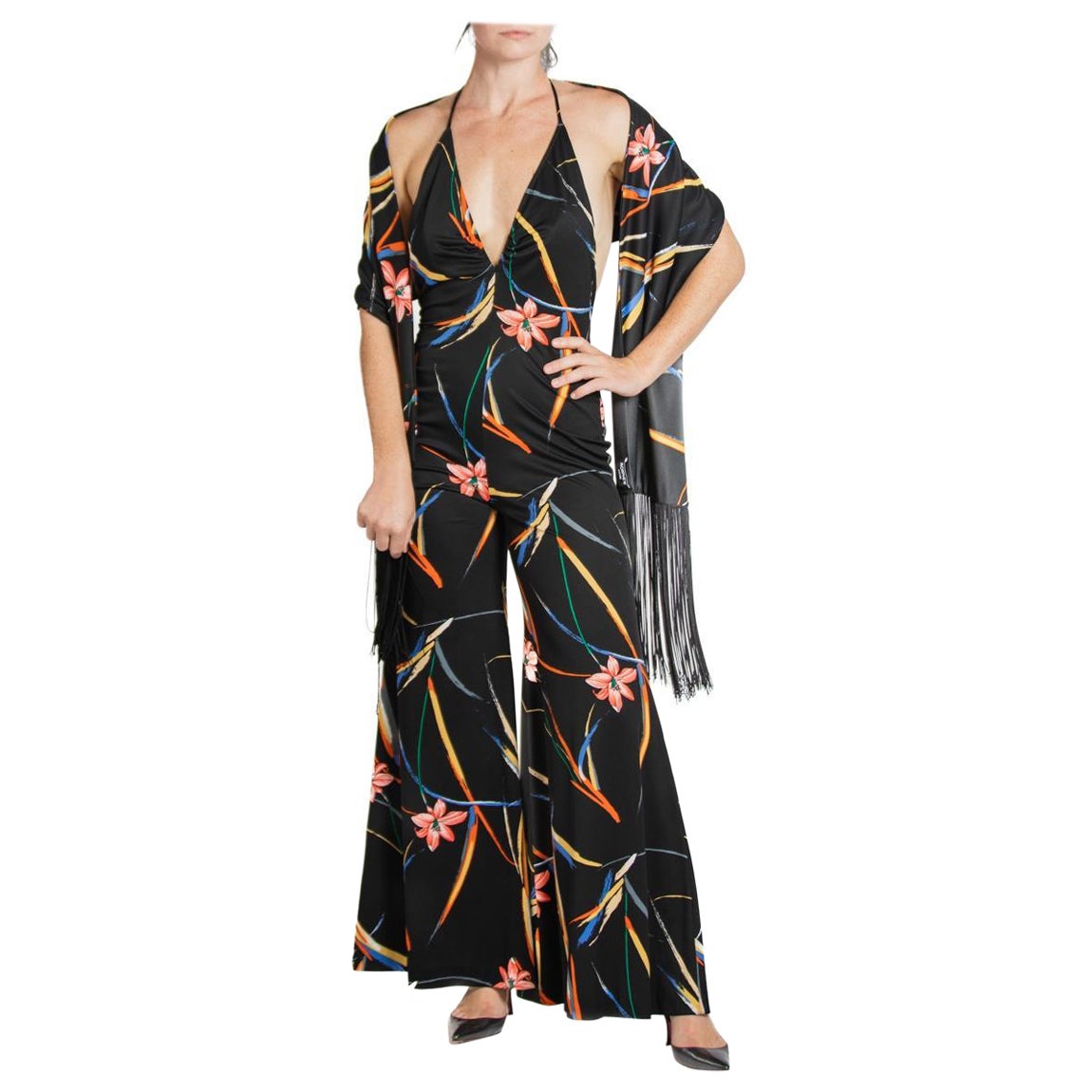 1970S Black & Tropical Rayon Jumpsuit With Matching Shawl For Sale