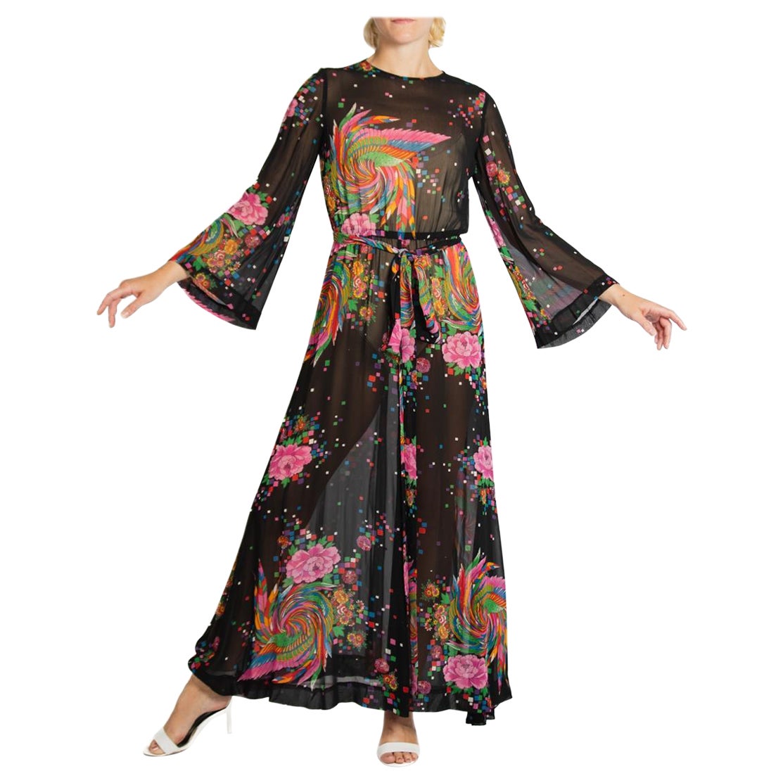 1970S Malcolm Starr Black & Floral Rayon Sheer Dress Made In Italy For Sale