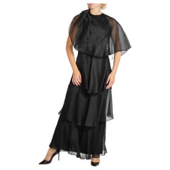 1970S Robe Gazar en soie noire de Richilene