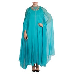 1960S Aqua Silk With Sheer Cape Gown And Rhinestones Encrusted Neckline
