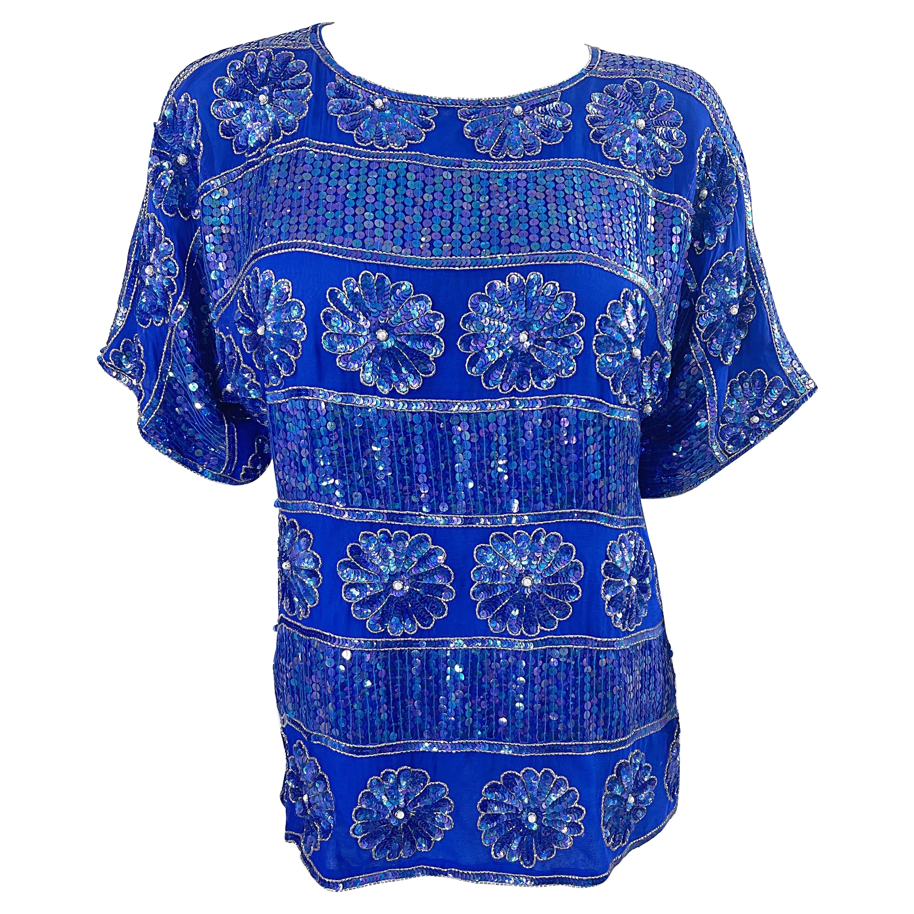 1980s Royal Blue Silk Chiffon Sequin Beaded Pearl Vintage 80s Blouse Shirt Top For Sale