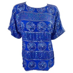 1980s Royal Blue Silk Chiffon Sequin Beaded Pearl Vintage 80s Blouse Shirt Top