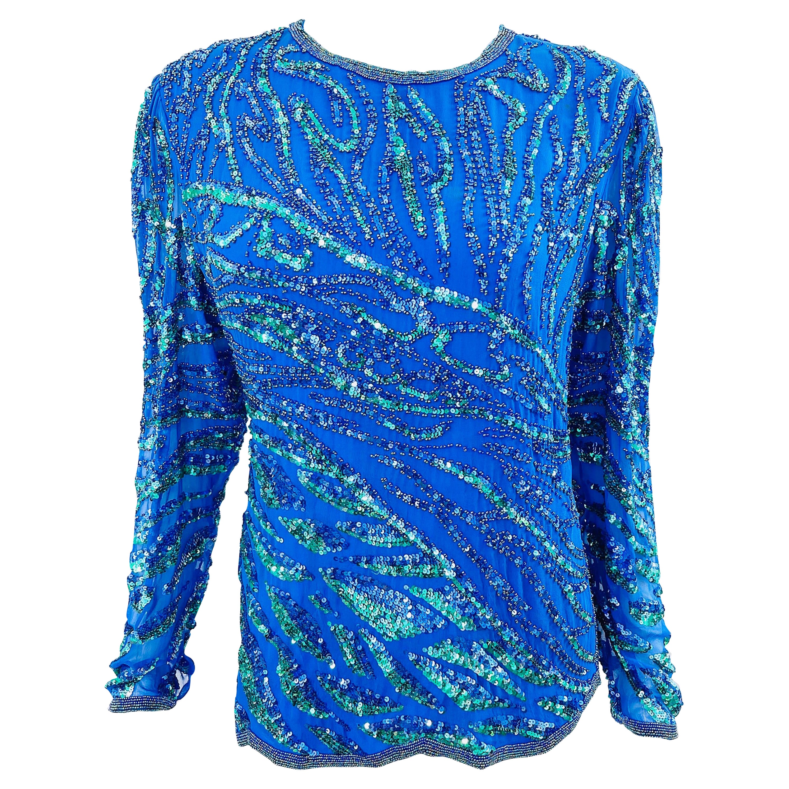 1980s Oleg Cassini Blue + Green Fully Sequin Beaded Size Medium Silk 80s Blouse For Sale