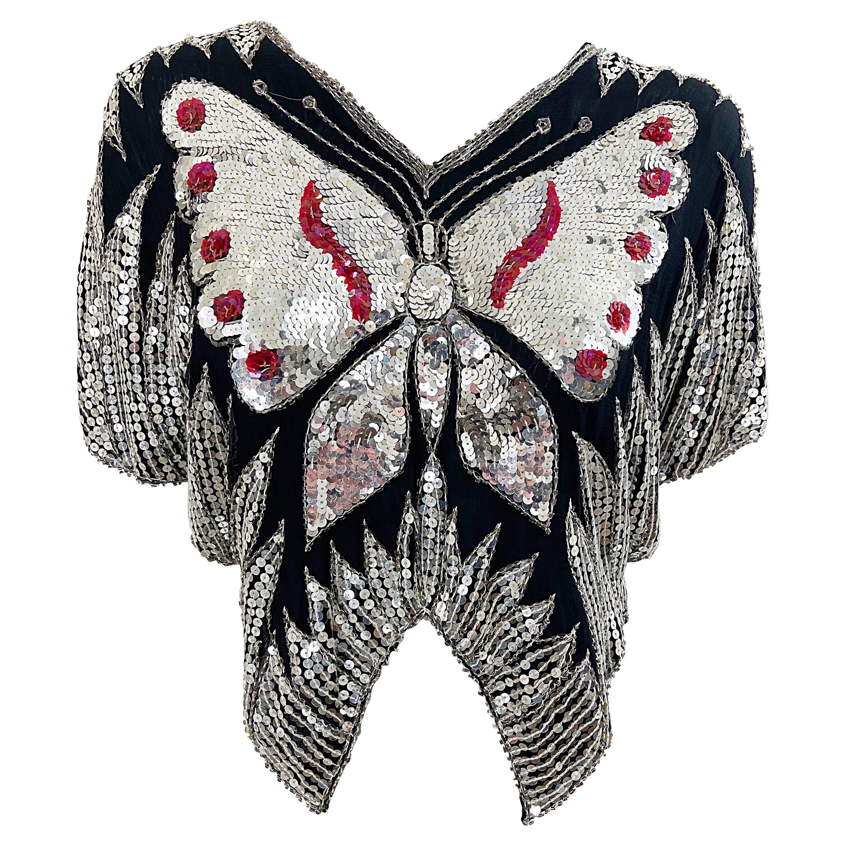 Studio 54 Early 1980s Butterfly Red Silver Black Sequin Disco Vintage 80s Top For Sale