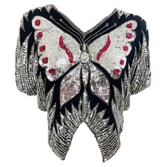 Studio 54 Anfang der 1980er Jahre Schmetterling Rot Silber Schwarzes Disco Vintage 80er Jahre Top mit Pailletten