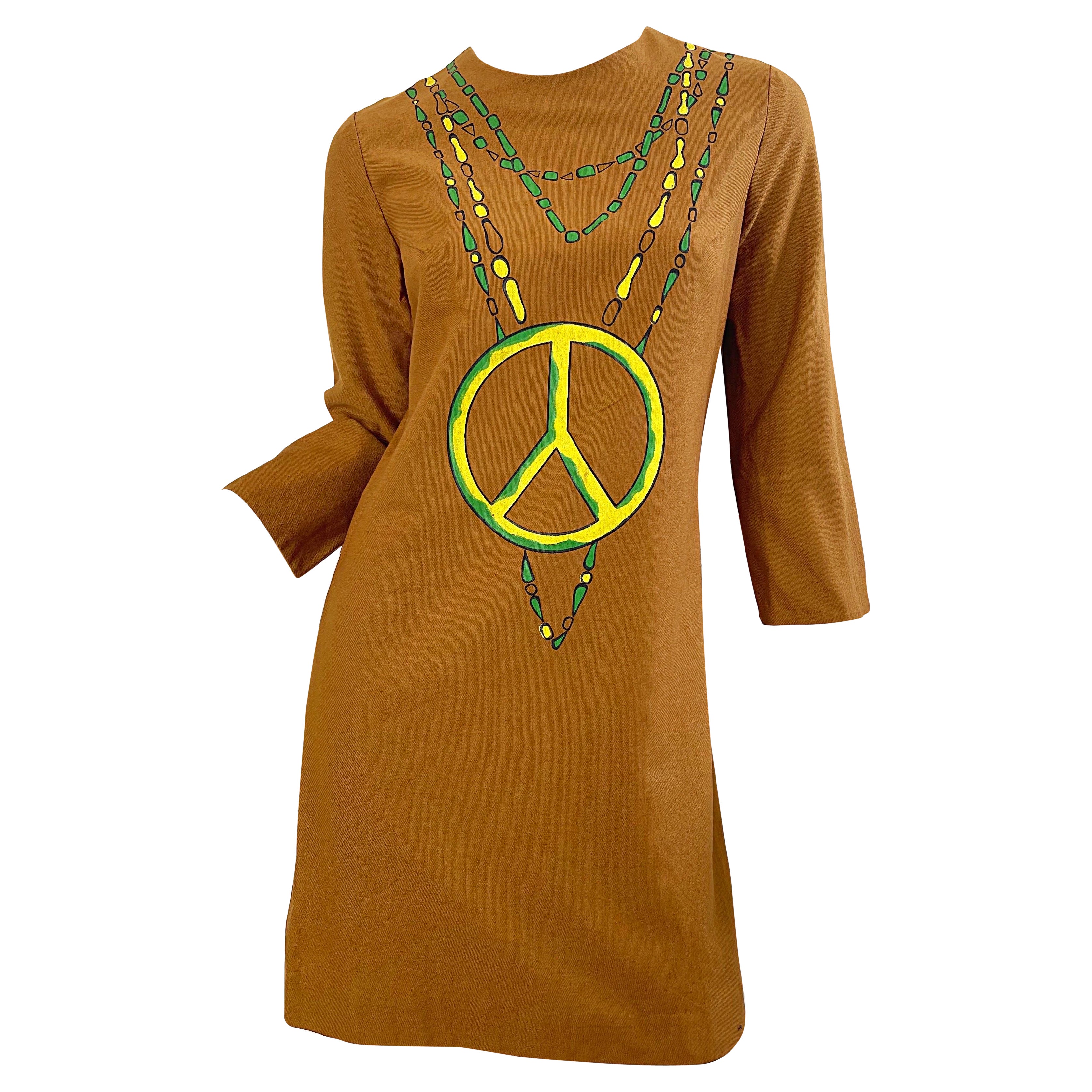 NWT 1960s Trompe L’Oeil Hand Painted Peace Sign 60s Vintage Cotton Dress 