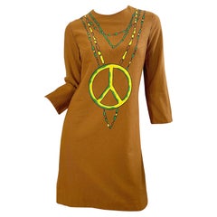 NWT 1960s Trompe L’Oeil Hand Painted Peace Sign 60s Vintage Cotton Dress 