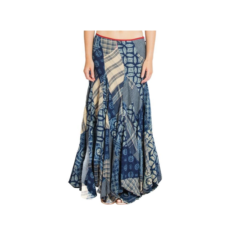 1980S Ralph Lauren Indigo Blue Linen Patchwork Skirt