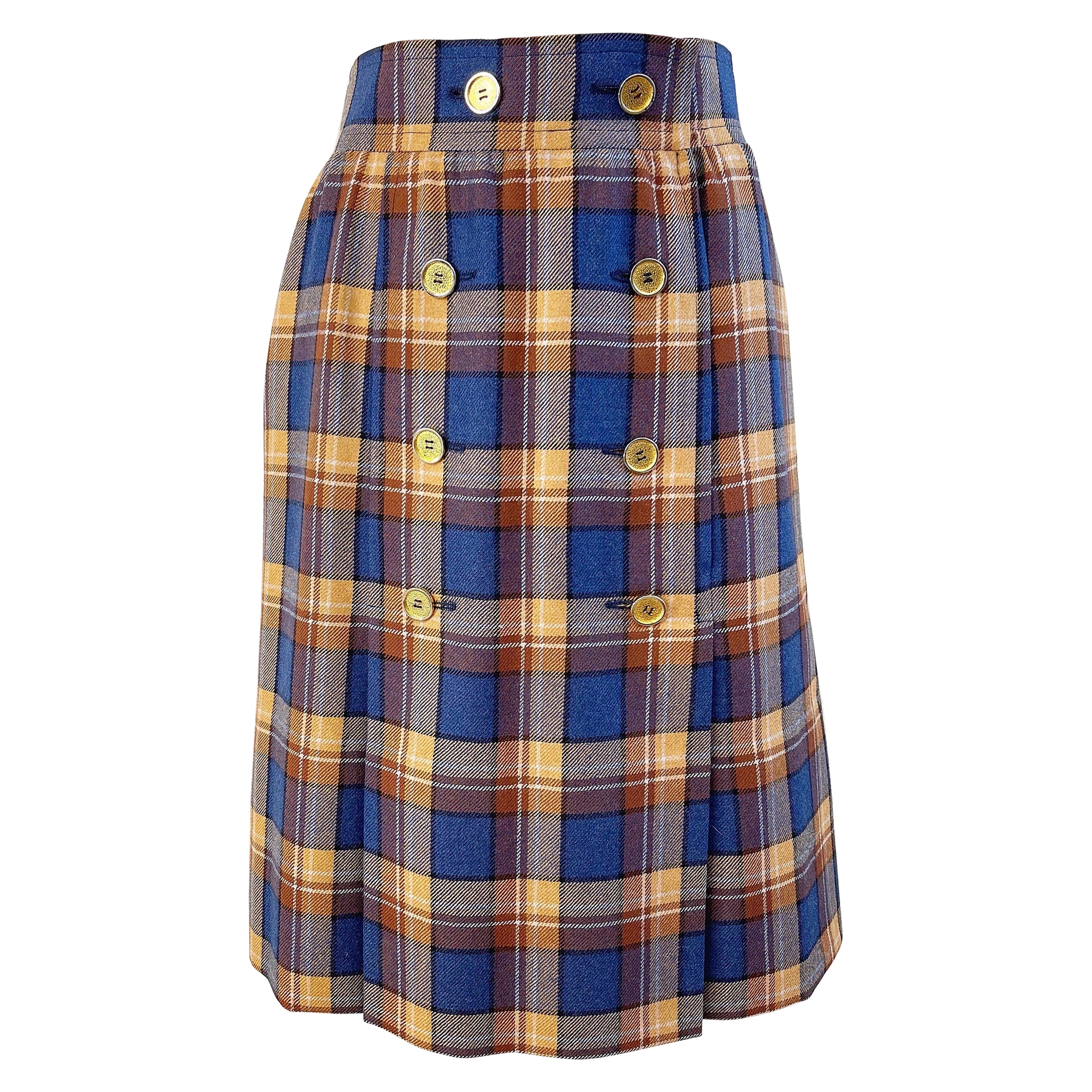 1970s Yves Saint Laurent Size 38 4/6 Navy Blue Brown Tan Vintage 70s Wool Skirt For Sale