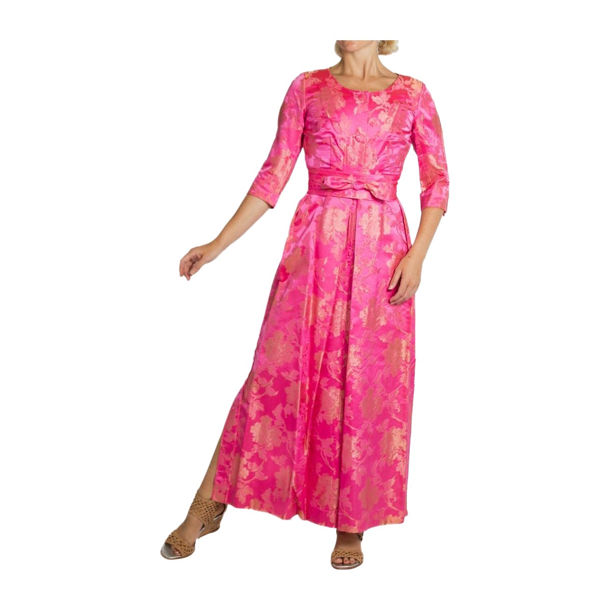 1960S Hot Pink & Gold Silk Jacquard Gown With Belt For Sale