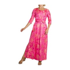 1960S Hot Pink & Gold Silk Jacquard Gown With Belt