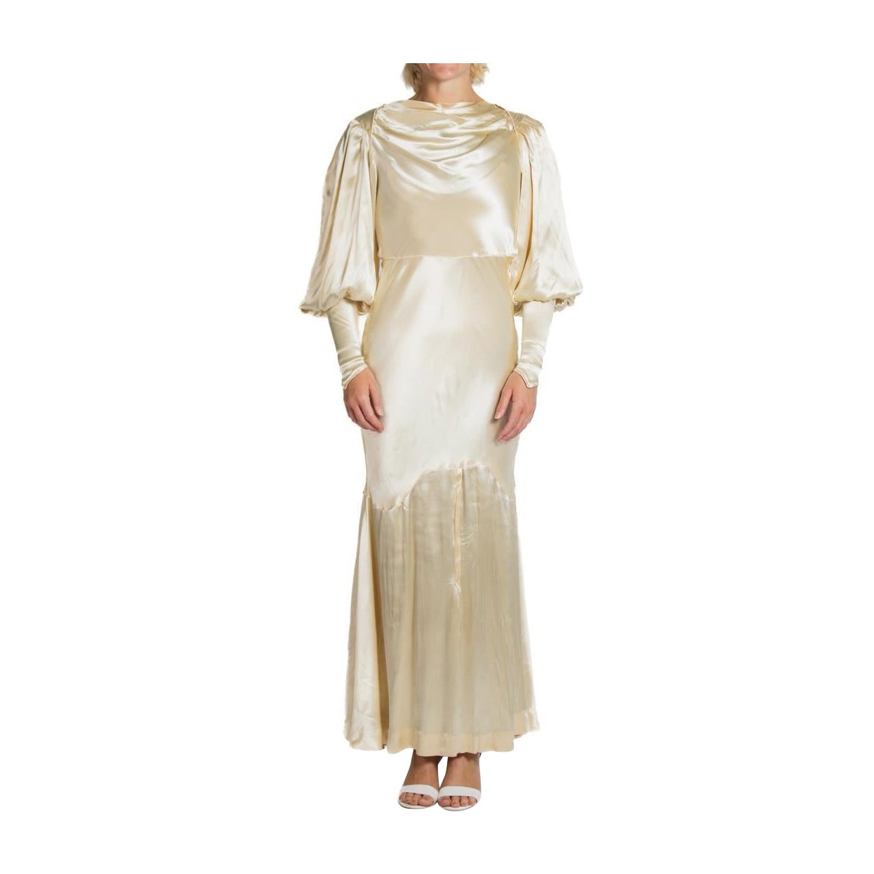 1930S Creme Seide Satin Billowy Ärmel mit Gürtel Hochzeitskleid im Angebot