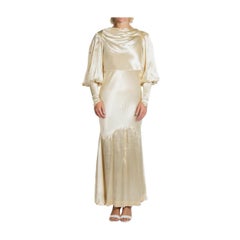 1930S Cream Silk Satin Billowy Sleeve With Belt Wedding Gown