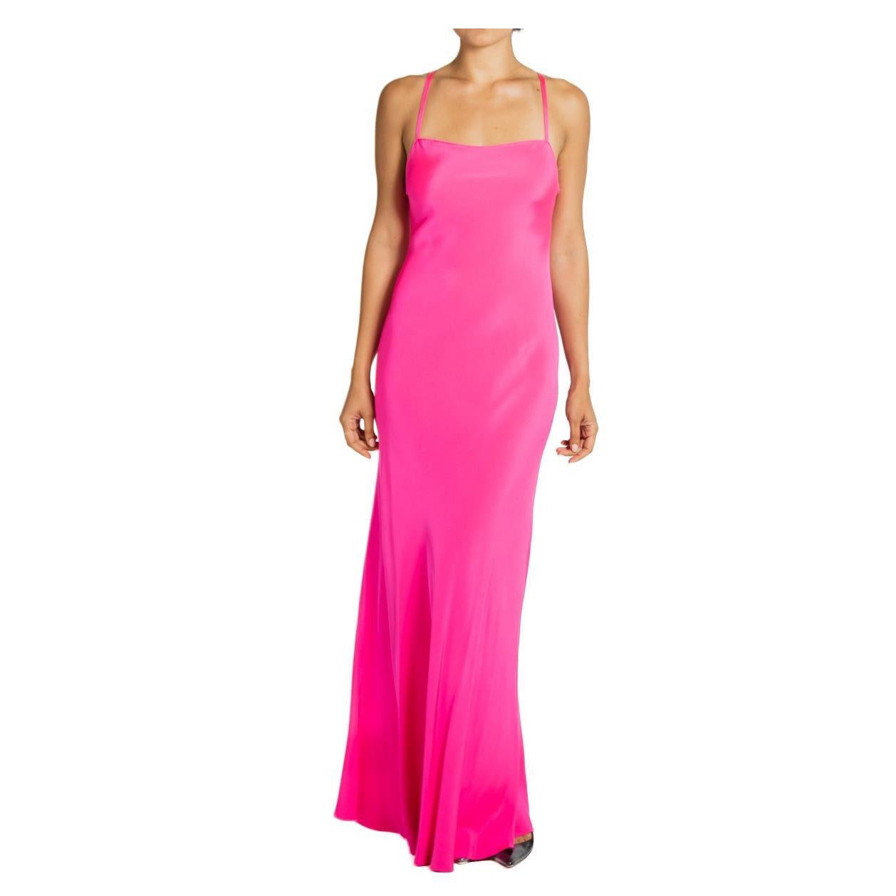 2000S Ralph Lauren Neon Pink Silk Faille Bias Cut Gown For Sale