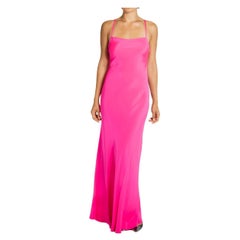 2000S Ralph Lauren Neon Rosa Seidenfaille Schrägschnitt Kleid