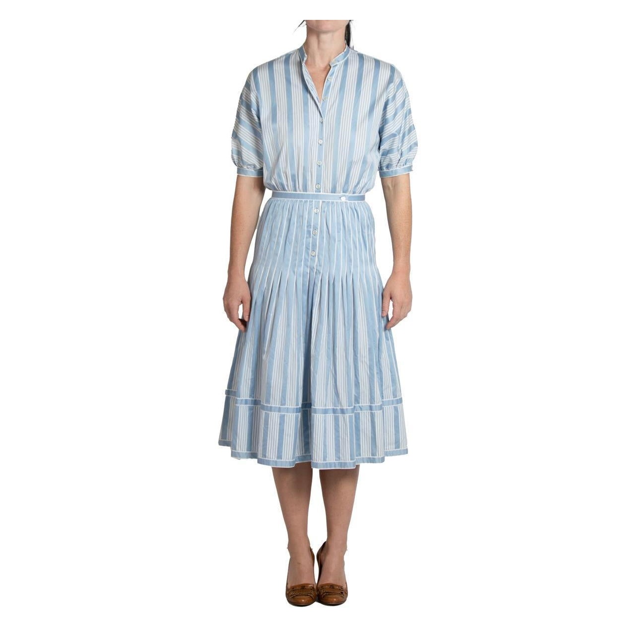 1990S Adele Simpson Blue & White Cotton Dress For Sale