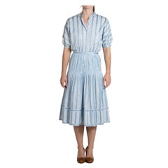 1990S Adele Simpson Vestido de algodón azul y blanco