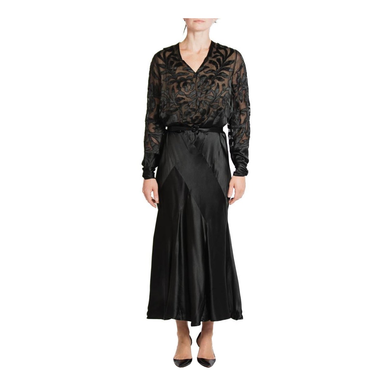 1930S Black Silk Satin Bias Cut Long Sleeve Gown For Sale