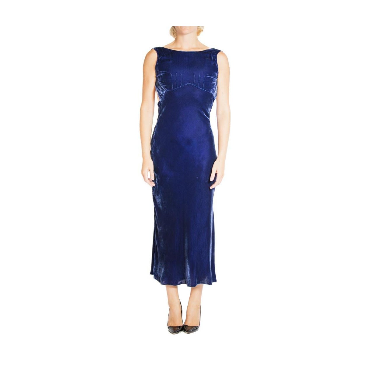 1930S Cobalt Blue Velvet Bias Cut Halter Top Gown For Sale