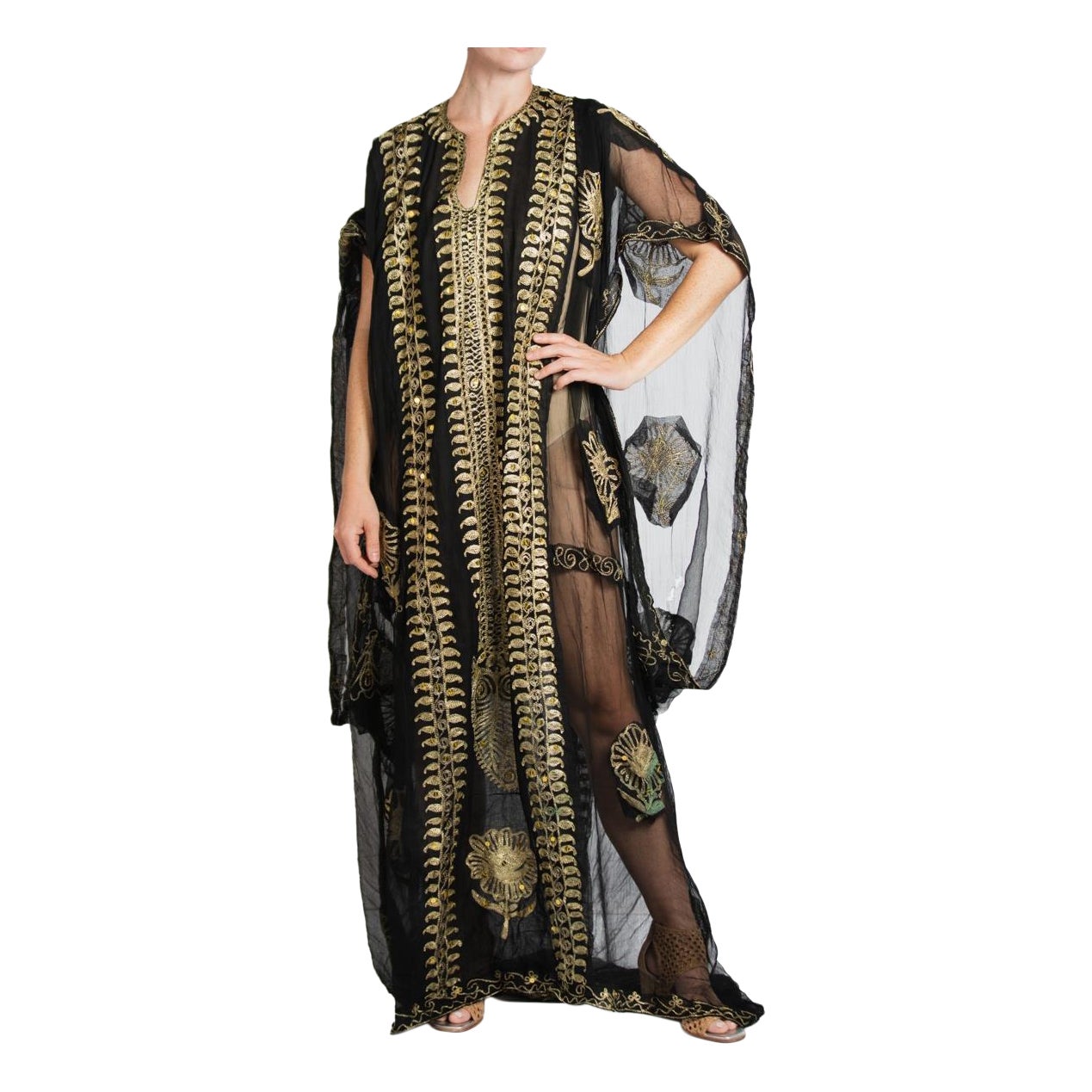 1970S Black & Gold Lamé Kaftan For Sale