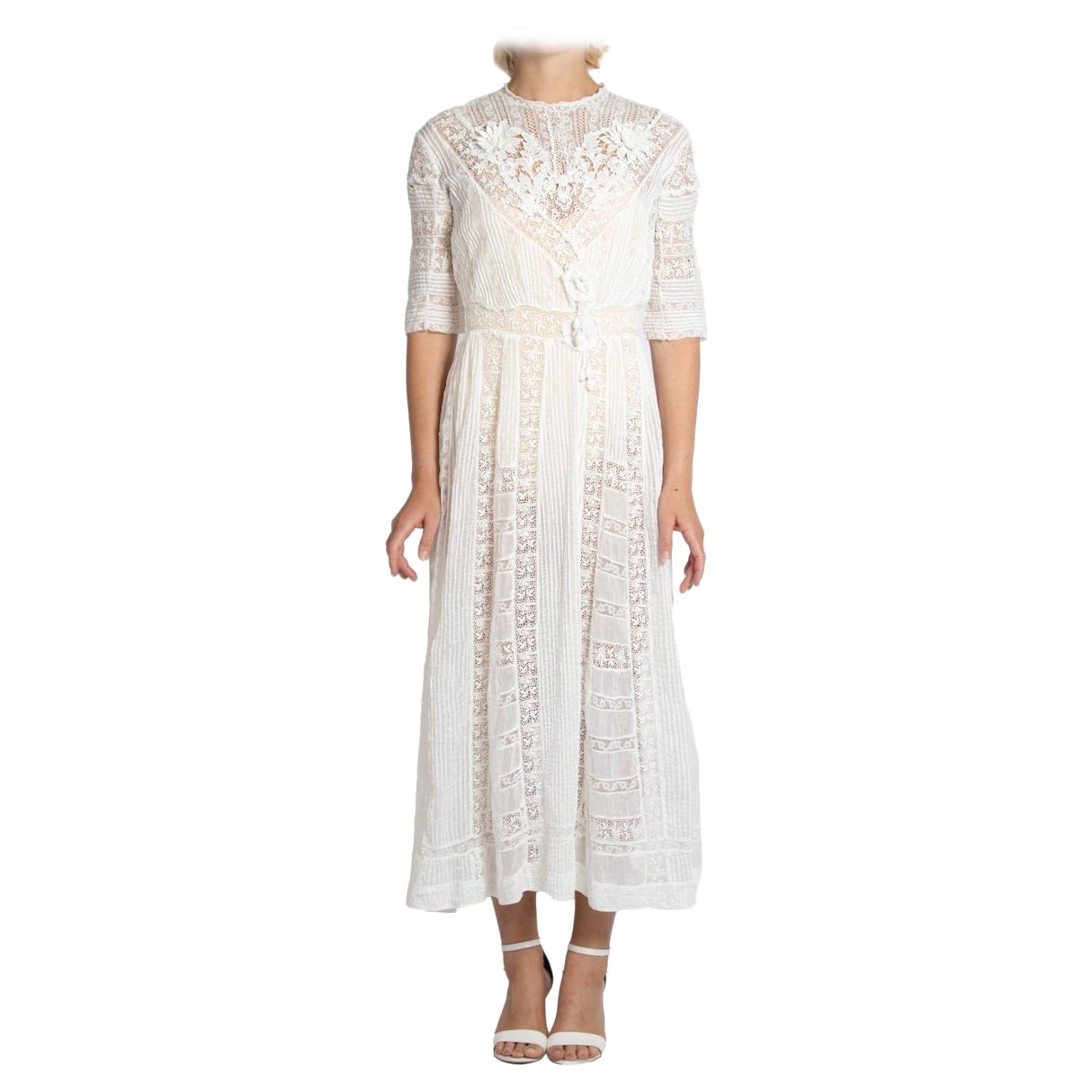 Edwardian White Cotton & Lace Tea Dress With 3-D Flowers For Sale