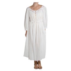 1970S White Cotton Lace Victorian Style Dress With Drawstring Waist