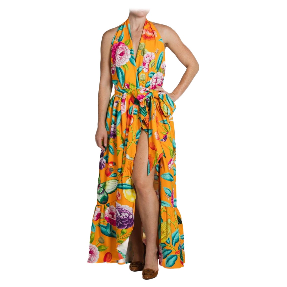 Morphew Collection Orange & Pink Cotton Tropical Gown For Sale