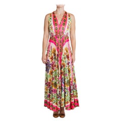 1970S White & Neon Pink Polyester Psychedelic Print Dress