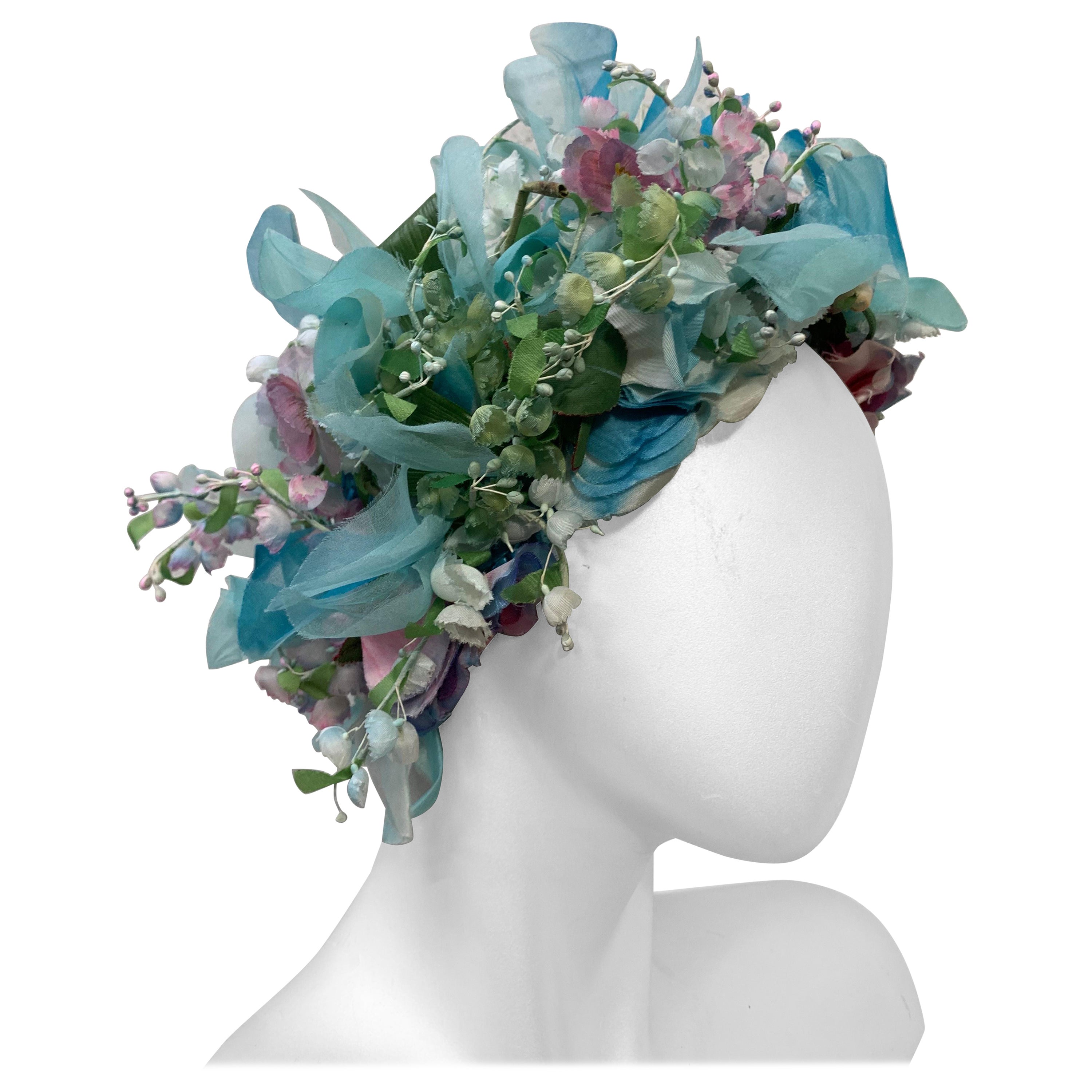 1960s Christian Dior Spectacular Floral Wreath / Turban Hat Turquoise & Purples For Sale