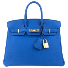 Hermes Birkin 25 Blue Zellige Togo Leather Handbag Bag Gold Hardware RARE