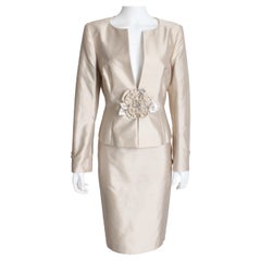 Escada Suit Jacket & Skirt 2pc Dupioni Silk with Floral Rhinestone Applique 40