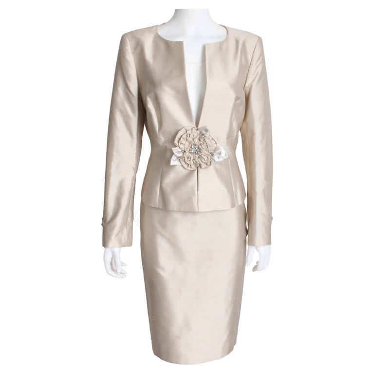 Escada Suit Jacket and Skirt 2pc Dupioni Silk with Floral Rhinestone ...