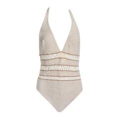 La Perla Bodysuit Swimsuit Halter Linen Macrame Size 48