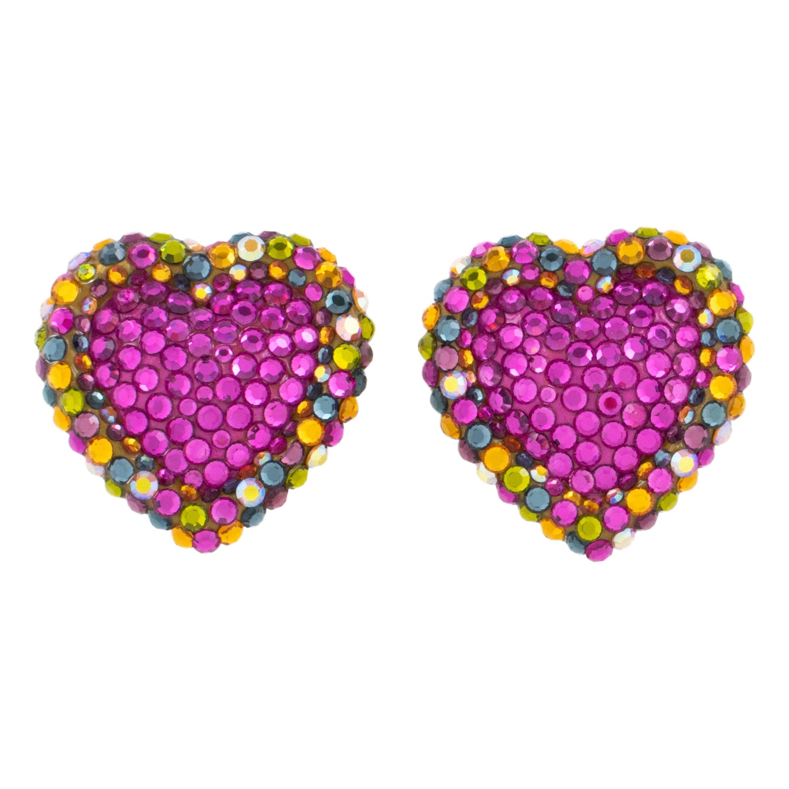 Richard Kerr Hot Pink and Multicolor Heart Jeweled Clip Earrings For Sale