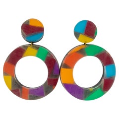 Kaso Oversized Lucite Dangle Clip Earrings Frosted Multicolor Harlequin Pattern