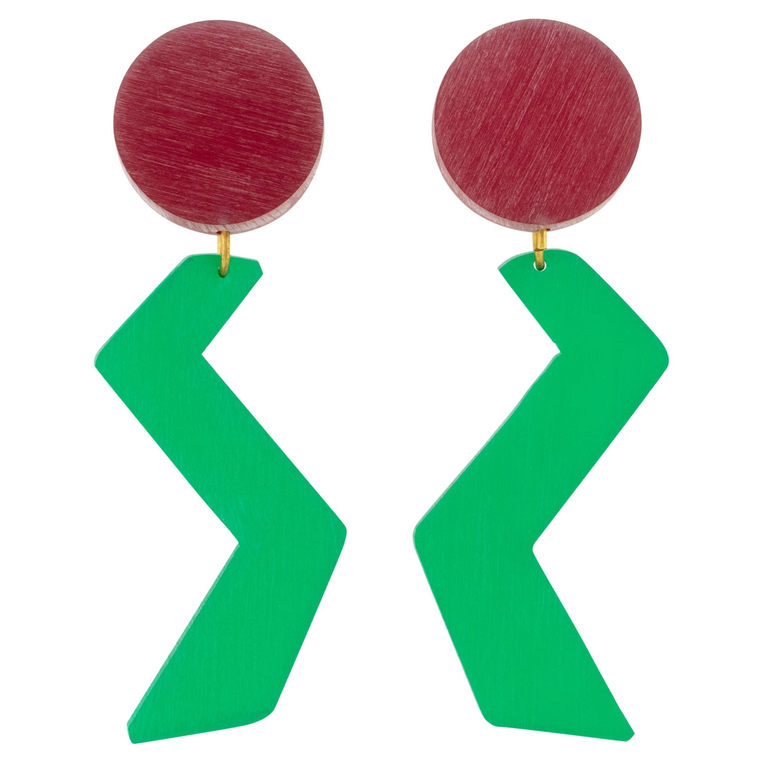Kaso Lucite Dangle Clip Earrings Green and Red ZigZag For Sale