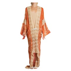 1920S Golden Orange & Beige Silk Burnout Velvet Lace Trimmed Robe