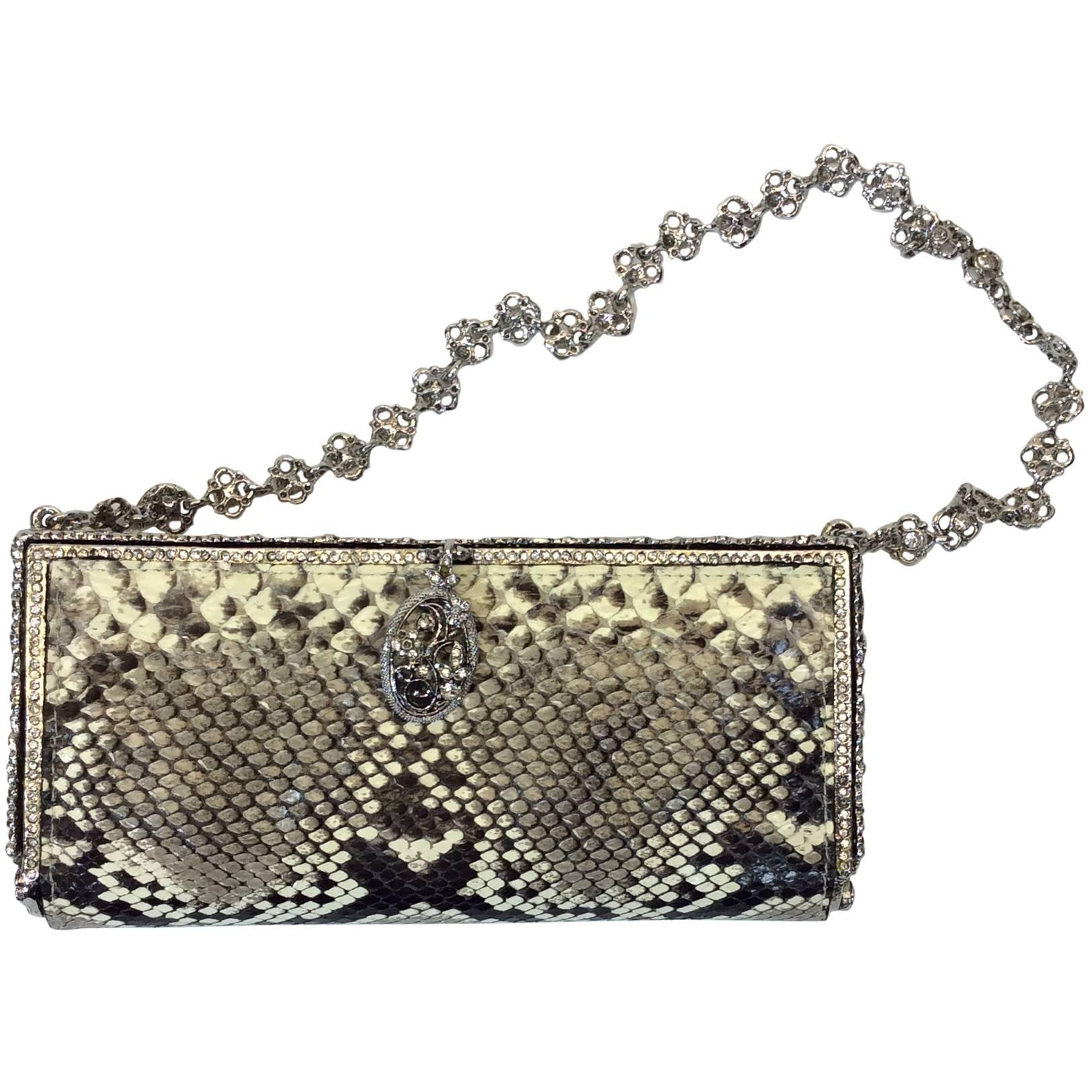 Clara Kasavina Handmade Python Metal Rhinestone Embellished Clutch 