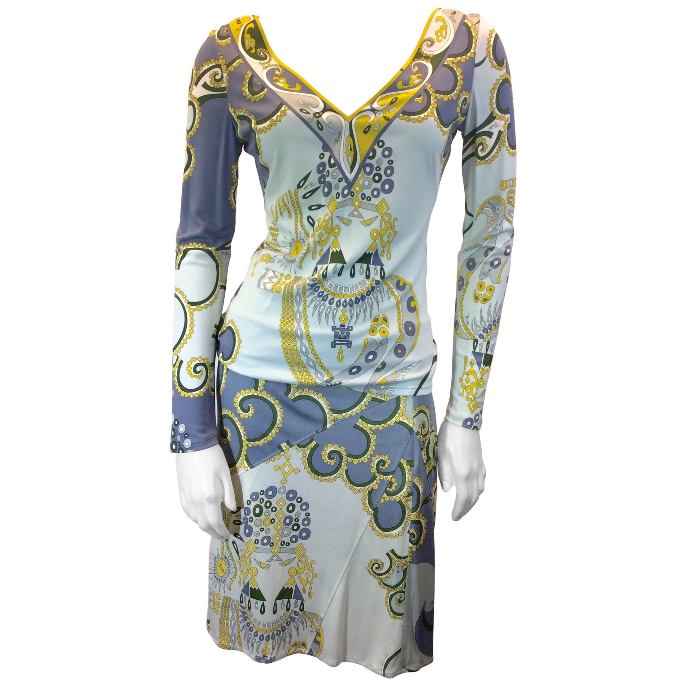 Emilio Pucci Beautiful Two Piece Graphic Print Blouse and Matching Skirt Set For Sale