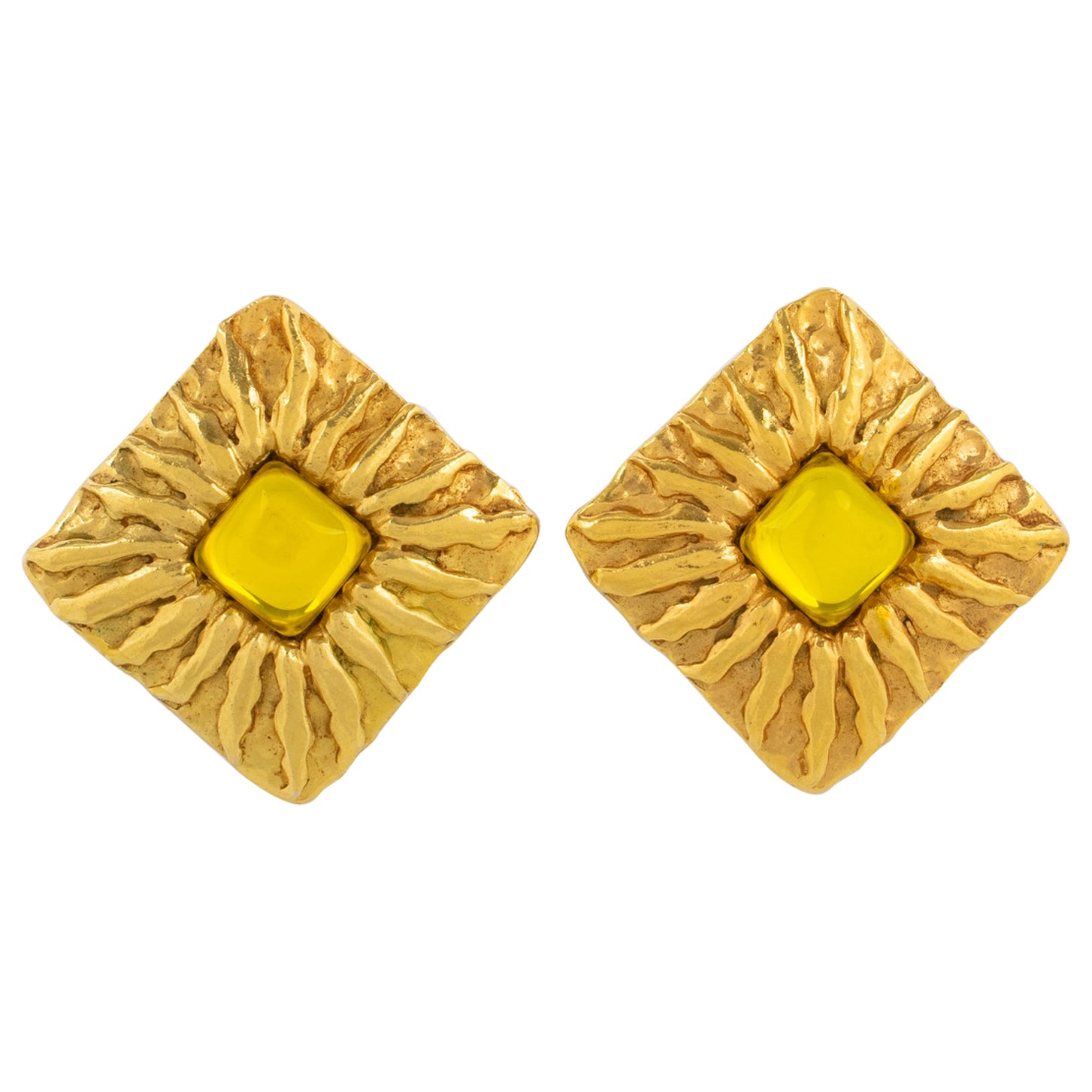 Jean Patou Paris Gilt Metal Sun Clip Earrings with Yellow Poured Glass Cabochon For Sale