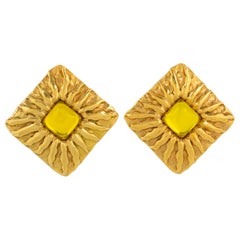 Retro Jean Patou Paris Gilt Metal Sun Clip Earrings with Yellow Poured Glass Cabochon
