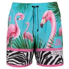 D&G - DJ Khaled Beachwear Swim Shorts with Flamingo Print Pink Blue M