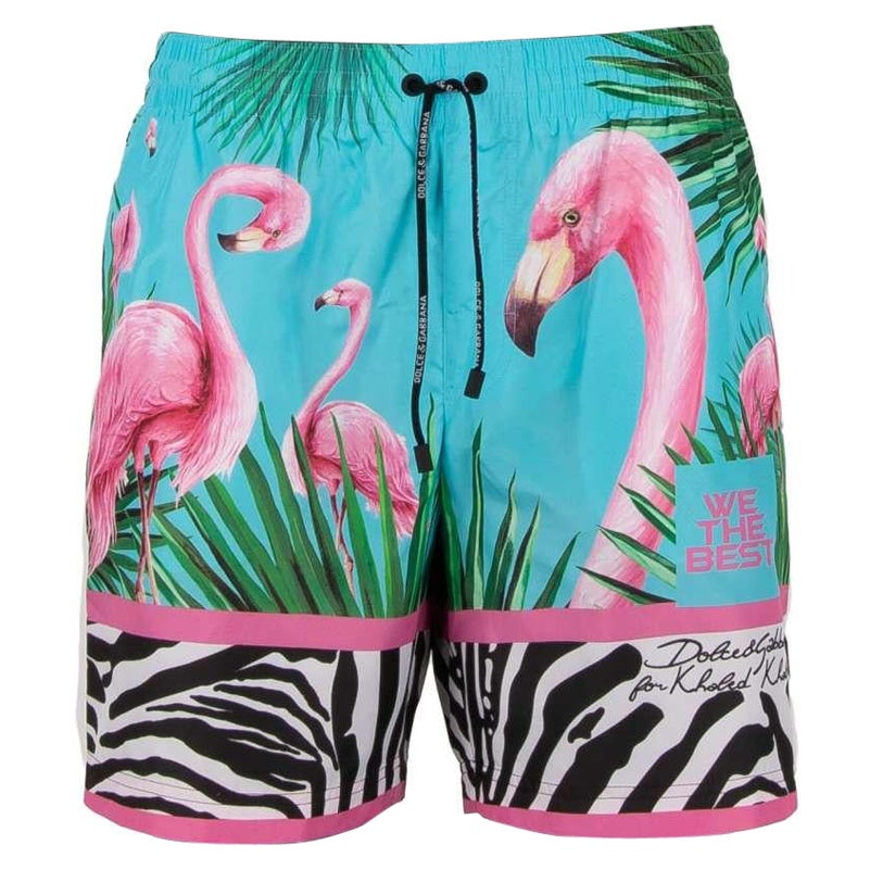 D&G - DJ Khaled Beachwear Swim Shorts with Flamingo Print Pink Blue XL For Sale
