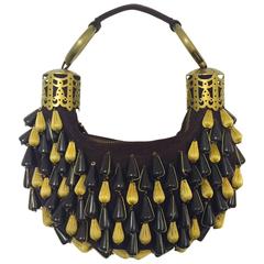 Chloe Handcrafted Chocolate Canvas Beaded Bracelet Bag With Gold Tone Hardware