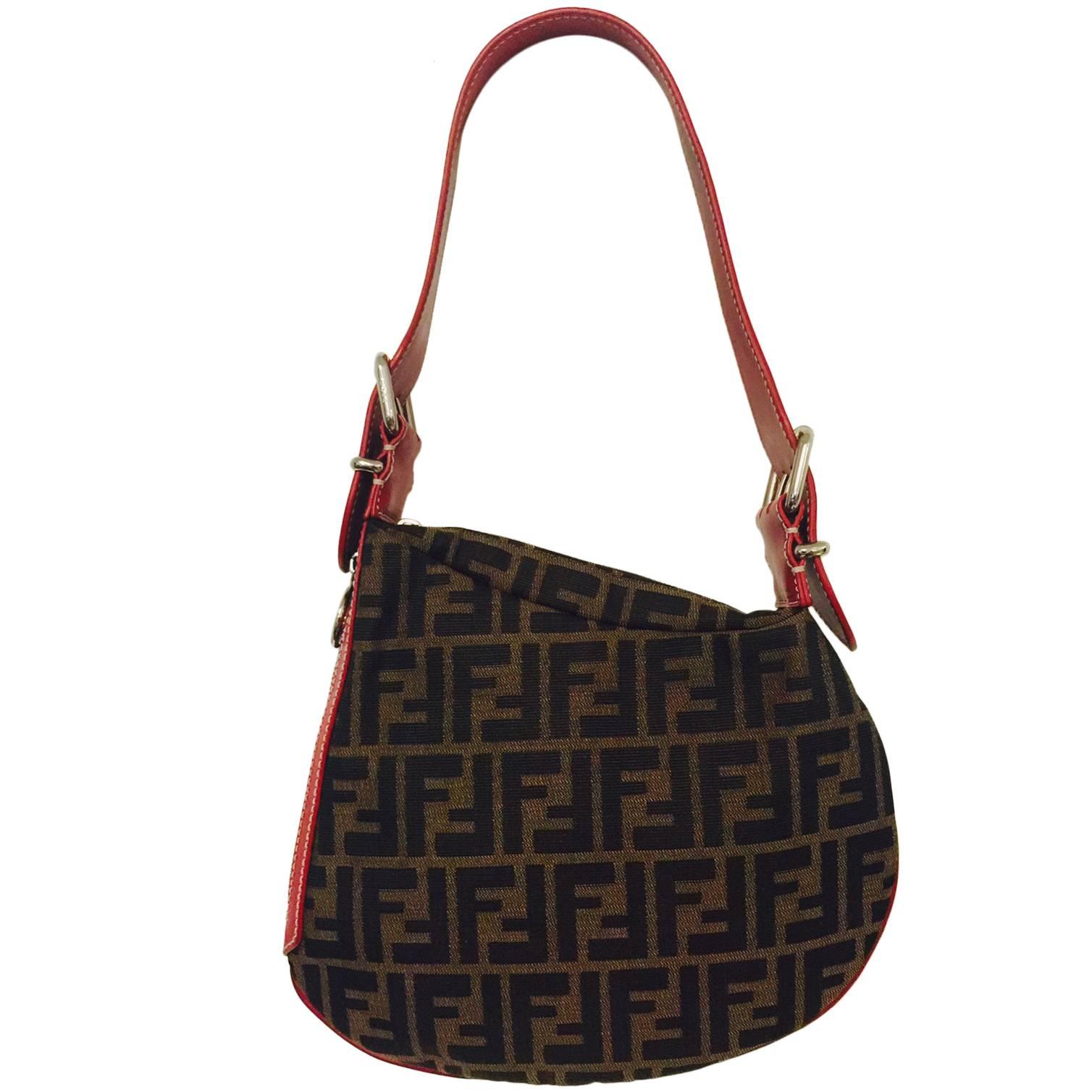 Fendi Brown & Tan Zucca Canvas Oyster Hobo W. Red Leather Shoulder Strap