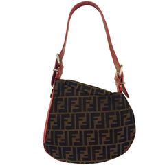 Fendi Braun & Tan Zucca Canvas Oyster Hobo W. Red Leather Shoulder Strap