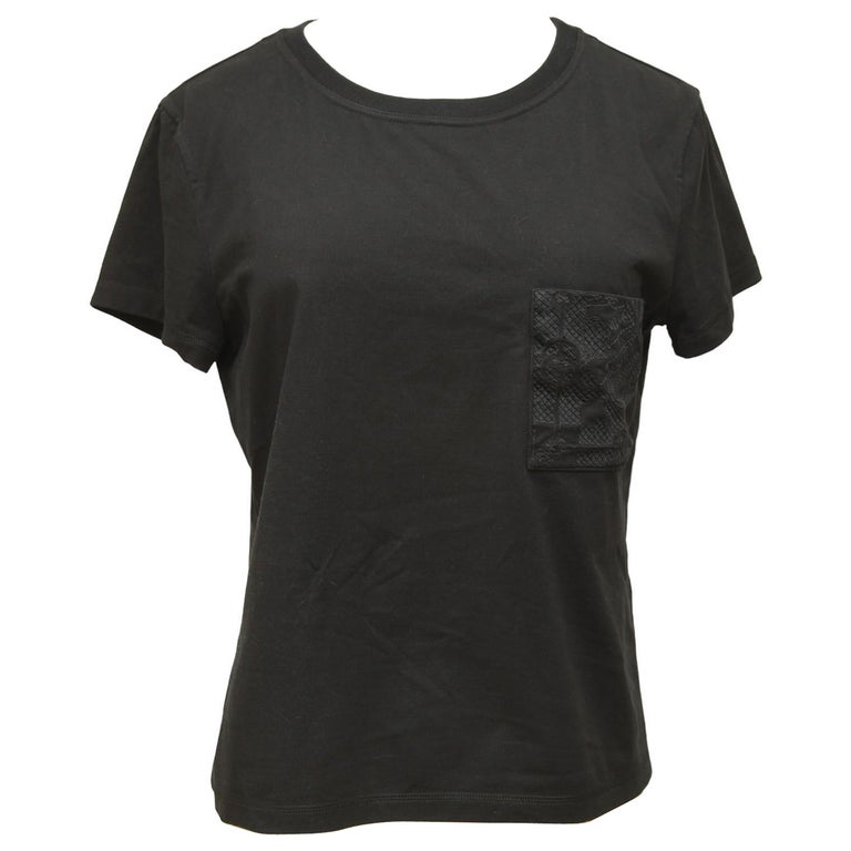 HERMES T-Shirt Top Black White CLIC CLAC Print Pocket Short Sleeve