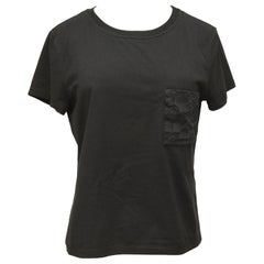 HERMES T-Shirt Black Top Mosaique Embroidery Pocket Short Sleeve Crew Neck 38