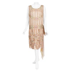 1920s French Couture Beaded Embroidered Blush-Pink Silk Petal Deco Flapper Dress