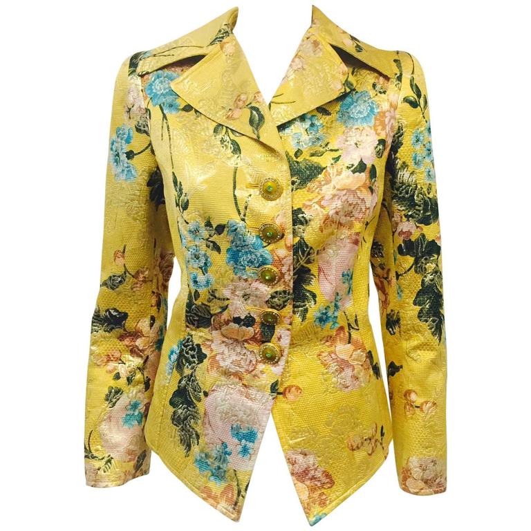 Christian Lacroix Gold Brocade Floral Print Fitted Jacket With Crystal ...
